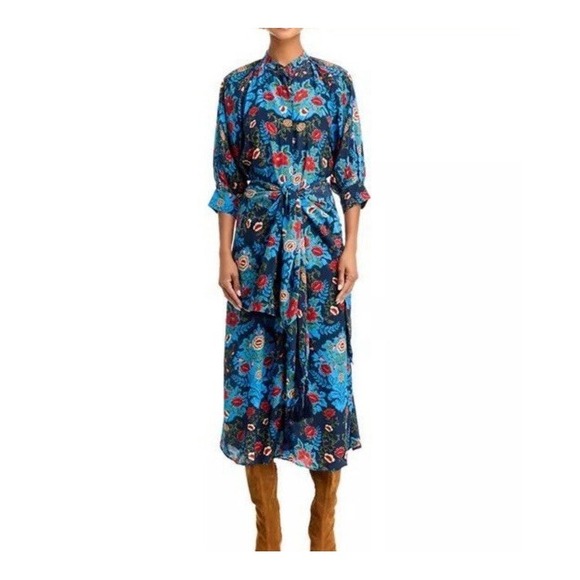 FARM Rio Dresses & Skirts - Farm Rio Women's Dress XL Arabesque Floral Blue Maxi Button Shirt‎ 3/4 Sleeve